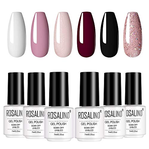 ROSALIND 6 Farben Gel Nagellack, Weiß Rosa Rot Nude Schwarz Glitter Farbe UV LED Gel Nagellack Farbset Nail Art Starter Kit 7m 6pcs