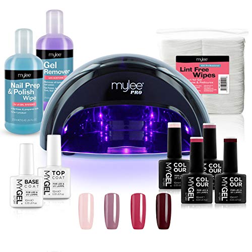 Mylee Complete Professional Gel Nagellack LED-Lampen-Kit, 4x MYGEL-Farben, Top & Base Coat, Mylee PRO Salon Series Convex Curing® LED-Lampe, Prep & Wipe, Gel Remover und mehr