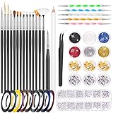 MELLIEX 45 Stück Nail Art Dekoration Zubehör Set, Nägel Pinsel Strasssteine Glitzer Goldfolie Nageldesign Dotted Pen Streifenband für Nagelkunst Maniküre Set