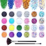24 Farben Glitzer Set für Nagel, Glitzerpulver Nageldesign Zubehör Pailletten Basteln Nail Art Glitter mit Pinsel für Gesicht Körper DIY Nagelkunst Make up